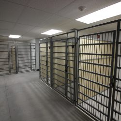 Empty kennels inside animal shelter, ready for incoming pets.