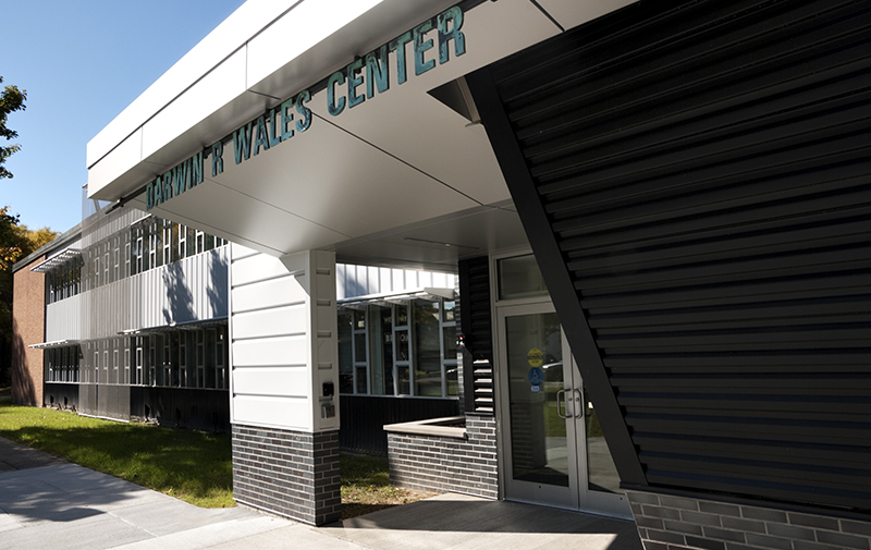 Exterior image of main entrance at Darwin R. Wales Administration Building.