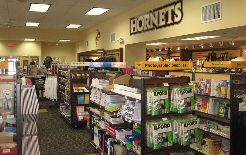 Interior image of bookstore featuring supplies.