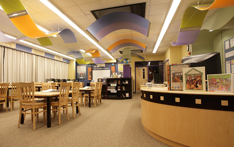 Interior image of colorful library.