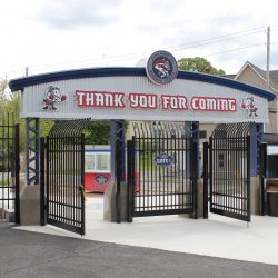 Exit gate of Mirabito Stadium, formerly NYSEG Stadium, showing signage as fans depart the home of the Binghamton Rumble Ponies.