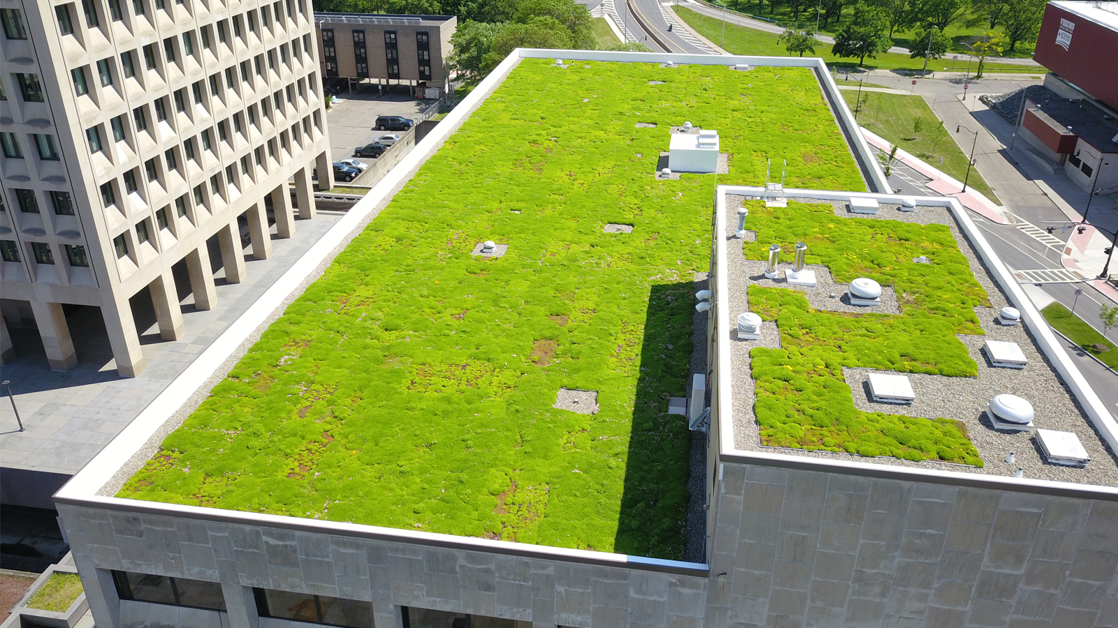 Aerial view of the City of Binghamton green roof, showcasing its sustainable design and environmental benefits.