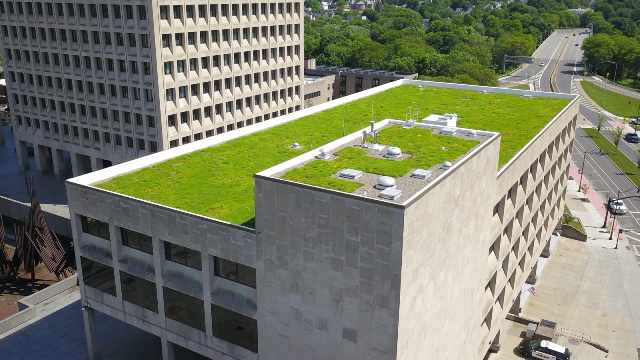 Aerial view of the City of Binghamton green roof, showcasing its sustainable design and environmental benefits.