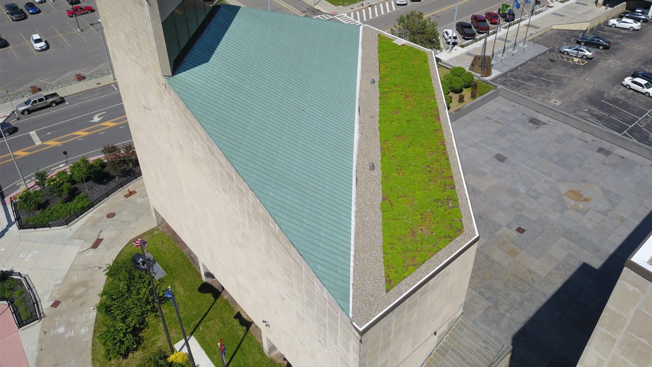 Aerial view of the City of Binghamton green roof, showcasing its sustainable design and environmental benefits.