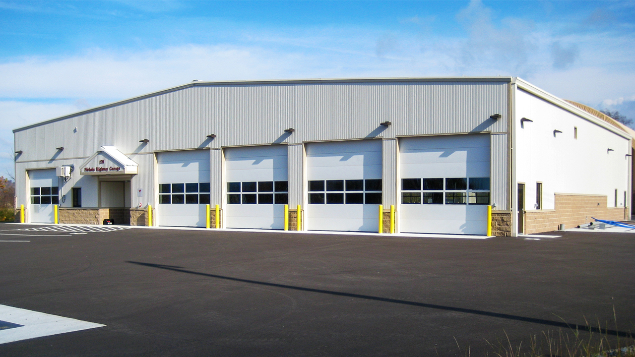 Exterior view of the Town of Nichols Highway Garage, showcasing its facility for vehicle maintenance and road operations.