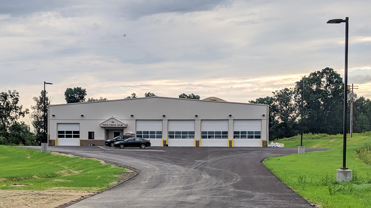Exterior view of the Town of Nichols Highway Garage, showcasing its facility for vehicle maintenance and road operations.