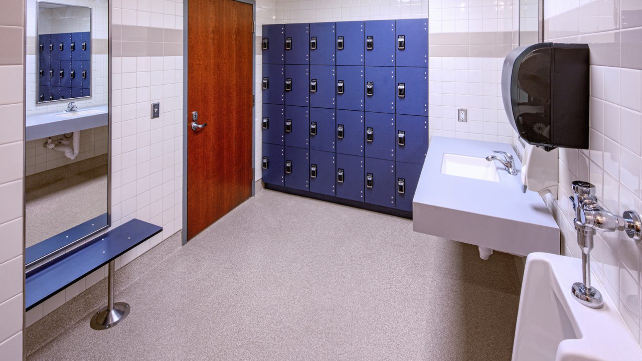 Interior view of the City of Binghamton Fire Station restroom, featuring clean and functional facilities for firefighters.