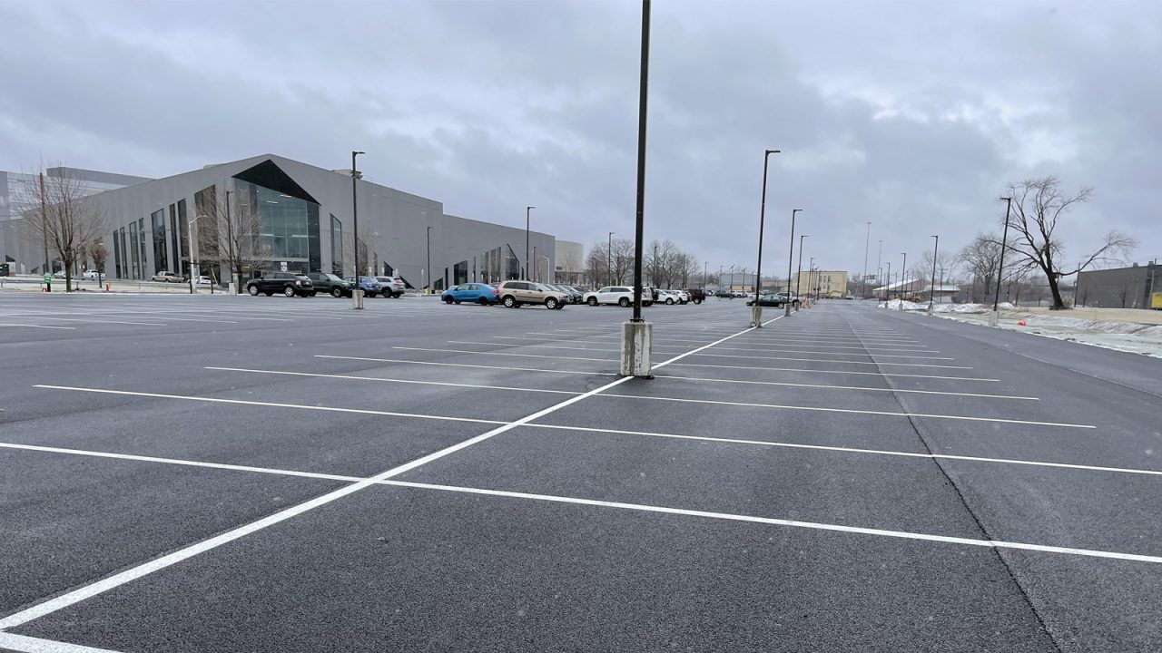 View of the parking lot at the Nexus Center in Utica, NY, supporting the tournament-based recreation facility.