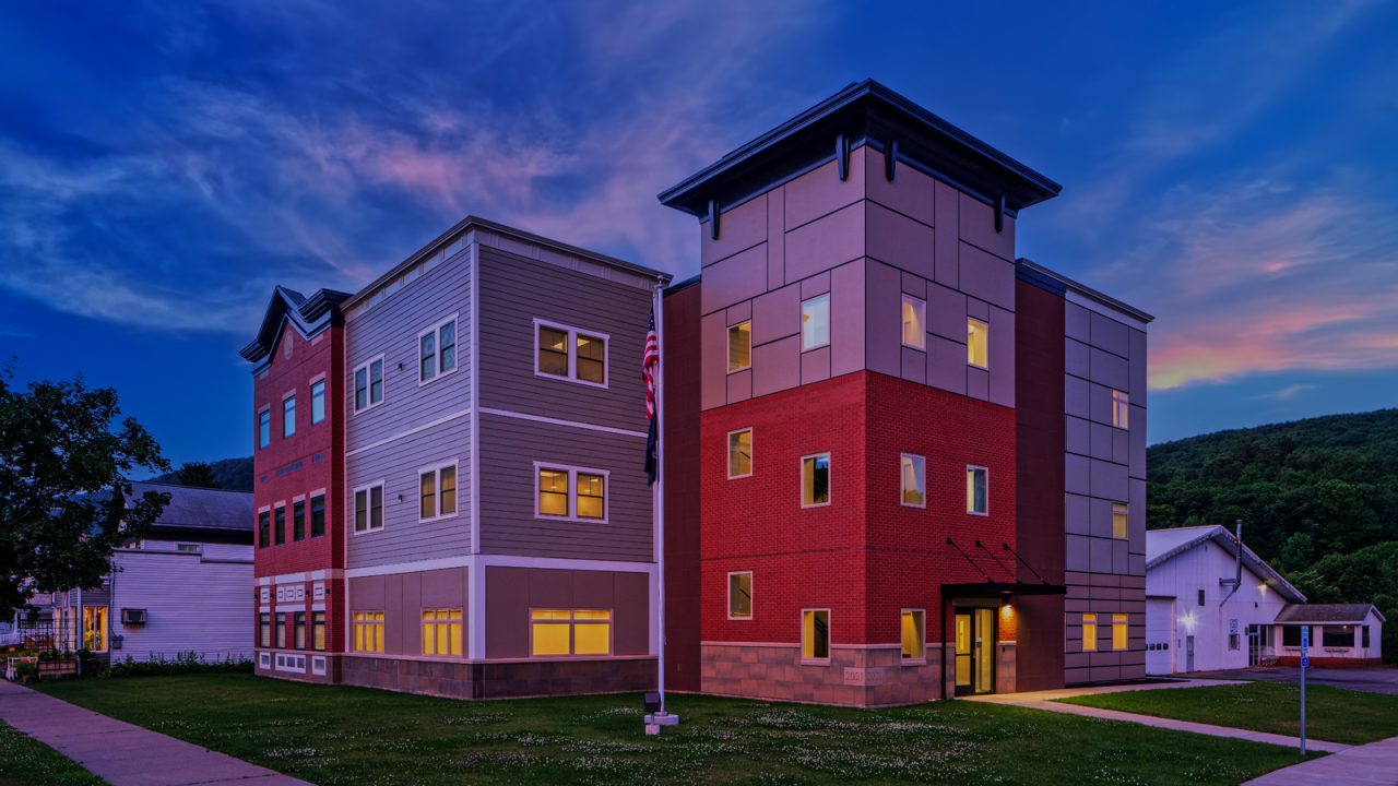 Exterior view of Delaware County Administration Building in New York, featuring its administration offices and architectural design.