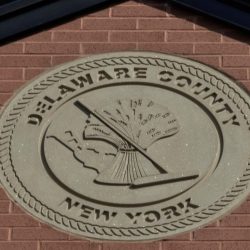 Close-up view of the Delaware County seal displayed on the building, showcasing its detailed design and official emblem.